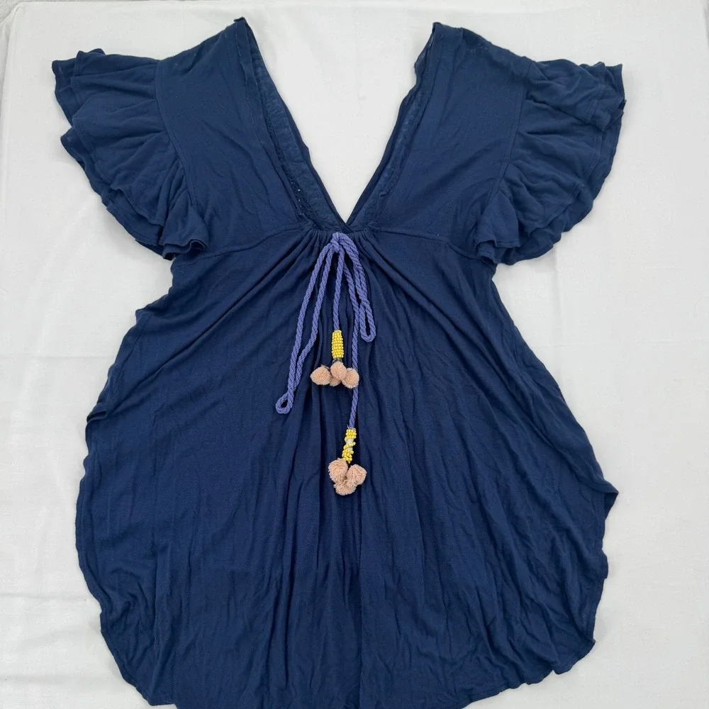 Free People Fiesta Nueva Tunic Top Navy Blue Embroidered Floral Womens Sz Small